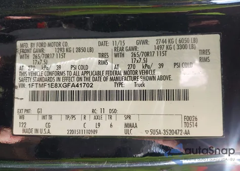 2016 Ford F-150 Xl из США, поврежденный, VIN 1FTMF1E8XGFA41702